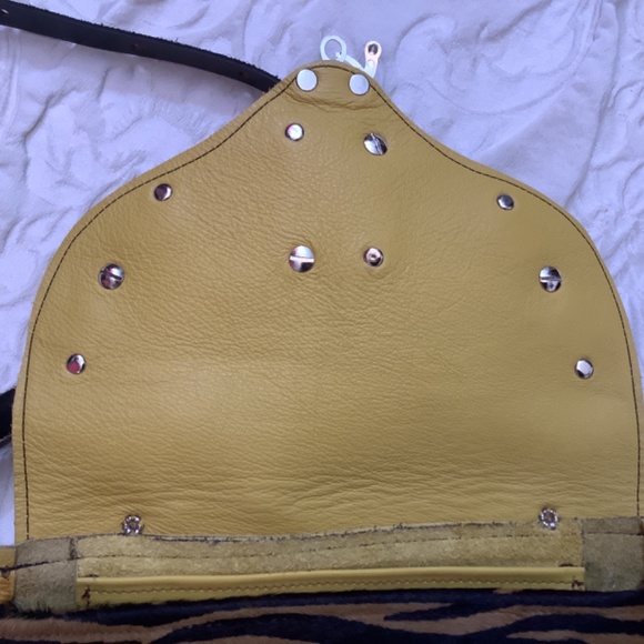 GUC handmade western fringe yellow leather with animal print crossbody - Picture 9 of 16